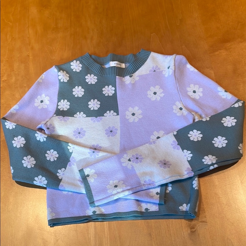 Debut Floral Patchwork Cropped Sweater - Blue and Lavender